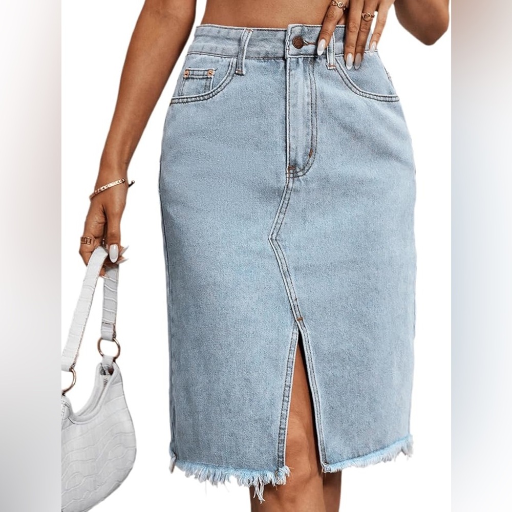 High Rise Frayed Hem Front Slit Jean Skirt by Kensie Jeans